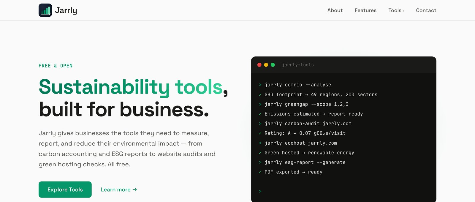 Jarrly homepage — sustainability tools, built for business